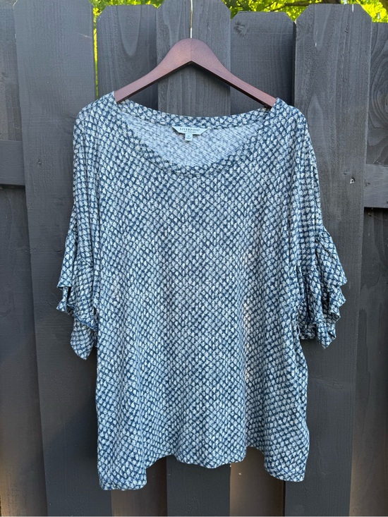 Liverpool Tops - Liverpool Blue Patterned Ruffle Sleeve Women’s Knit Top 3X